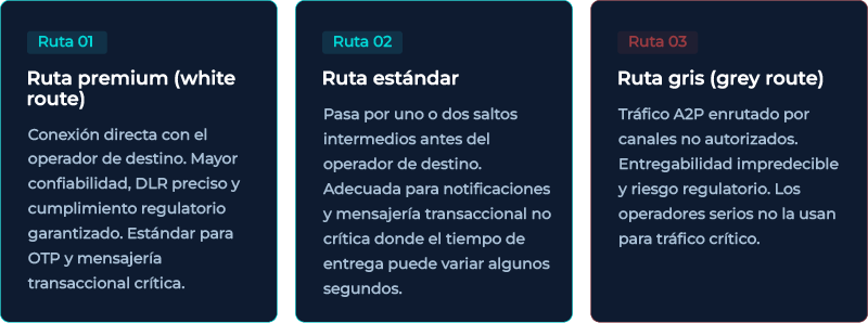 Tres tarjetas mostrando los tipos de ruta en SMS wholesale: ruta premium o white route con conexión directa al carrier.