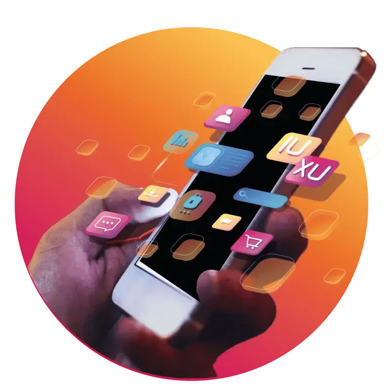 Celular en mano, con iconos de UX, seguridad, SMS, carrito de compras y contacto. 