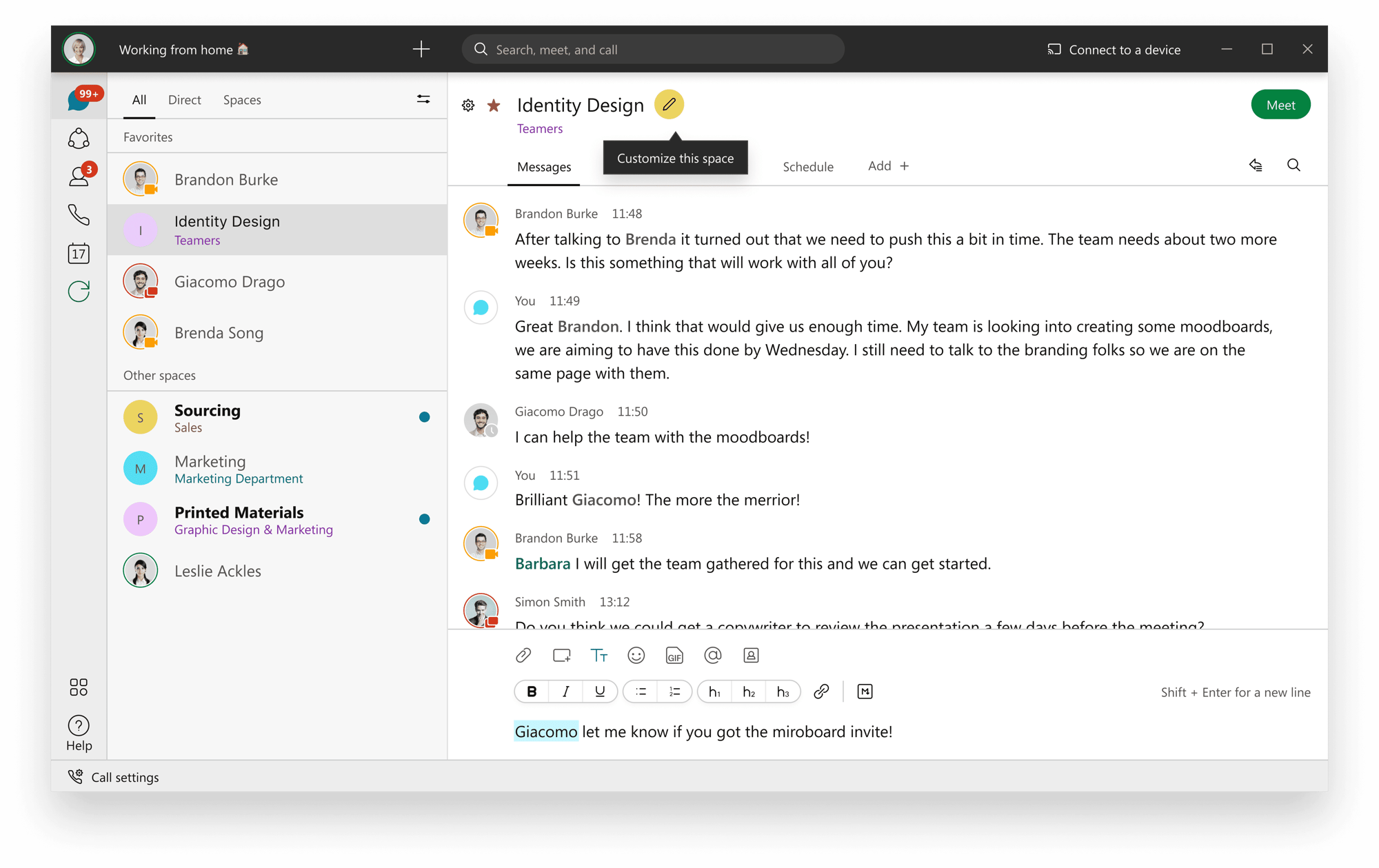 Preview del panel principal de Cisco Webex. 