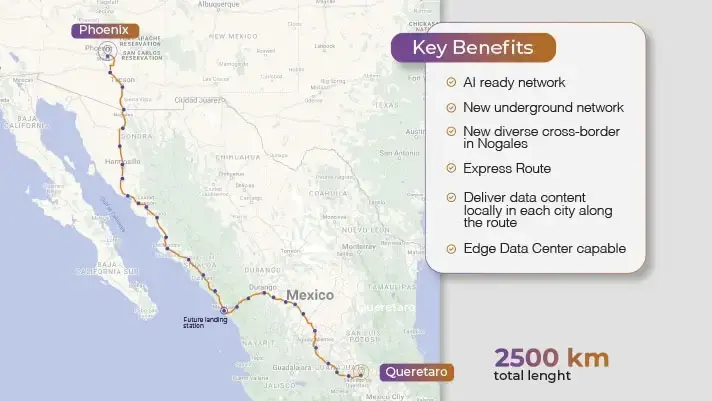 Mapa de la conexión de fibra óptica entre Querétaro y Phoenix, parte del proyecto Tikva de C3ntro Telecom. Mapa de la conexión de fibra óptica entre Querétaro y Phoenix, parte del proyecto Tikva de C3ntro Telecom.